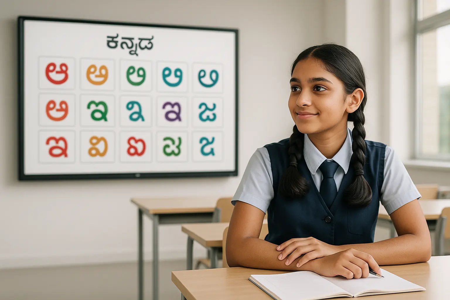 A student learning Kannada in a modern classroom with an alphabet smartboard